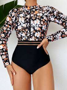 女士花卉印花長袖單件泳裝 - 彩色 - 查看 4