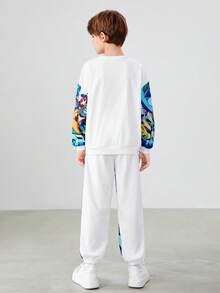 Tween Boy Cartoon Graphic Sweatshirt & Sweatpants - Blue - View 4