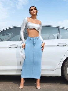 SHEIN SXY Tight-Fit Denim Skirt - Medium Wash - View 3