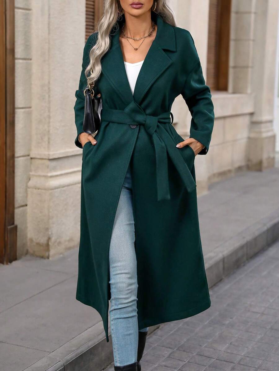 SHEIN Clasi Lapel Neck Belted Overcoat - Dark Green - View 1