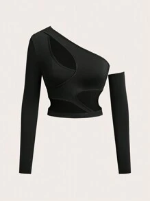 SHEIN ICON Áo dài tay có đường viền cổ bất đối xứng - màu đen - Xem 1