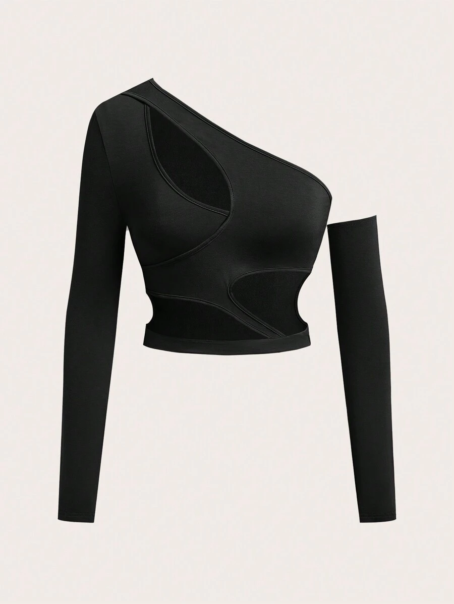 SHEIN ICON Áo dài tay có đường viền cổ bất đối xứng - màu đen - Xem 1