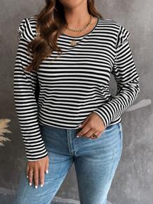 SHEIN Franclia 条纹印花荷叶边 T 恤 - 黑與白 - 查看 1