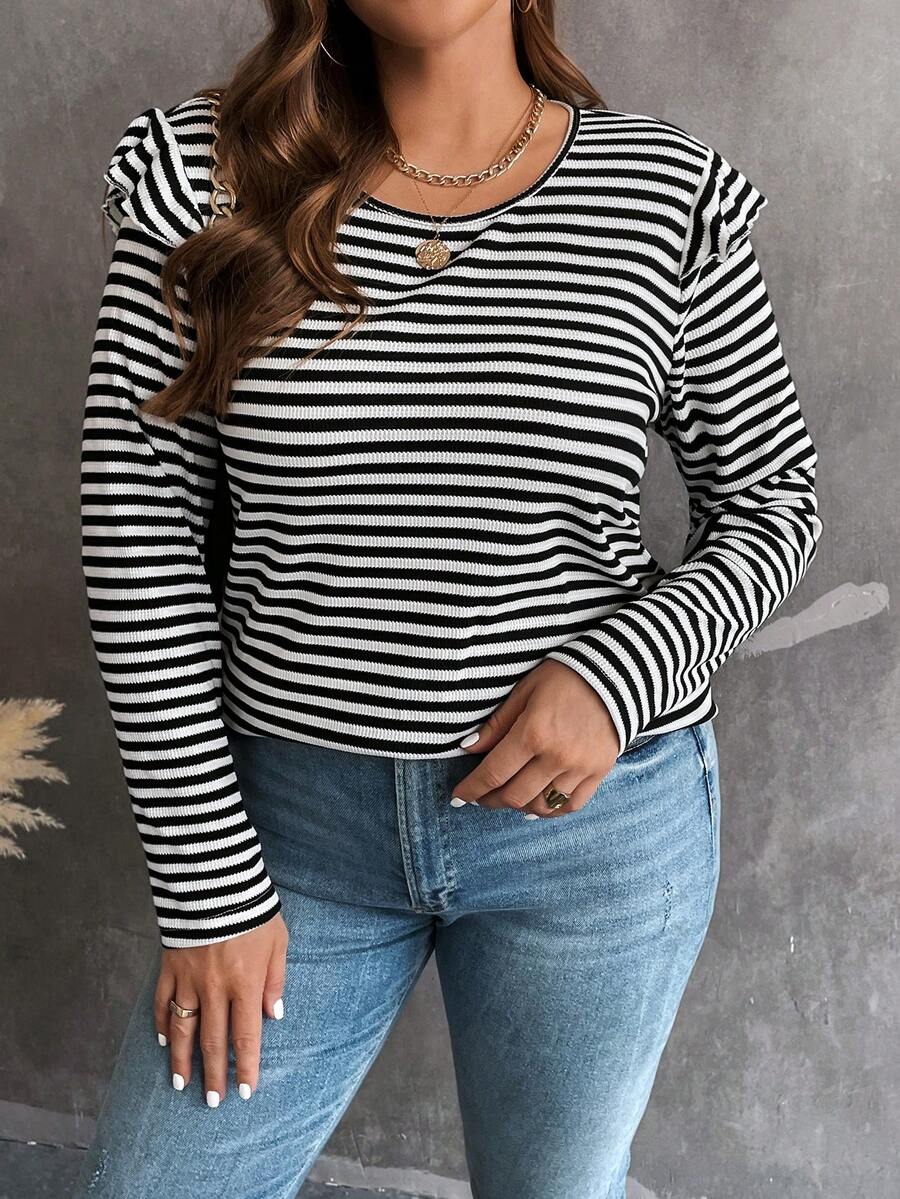 SHEIN Franclia 条纹印花荷叶边 T 恤 - 黑與白 - 查看 1