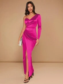 SHEIN Belle One Shoulder Wrap Hem Satin Formal Dress - Hot Pink - View 3