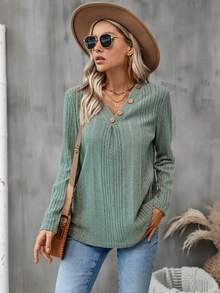 SHEIN LUNE 鈕扣細節長袖t卹 - 綠色 - 查看 5