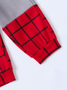 2入組幼兒男童格紋拼接蜘蛛印花連帽衫和長褲套裝,秋冬季節適用 - 灰色 - 查看 5