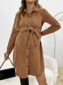 SHEIN Thai sản Nút phía trước Thắt lưng Váy sơ mi - Rỉ Nâu - Xem 4