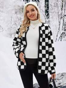 SHEIN Pregnant Women'S Checkerboard Fleece Jacket For Maternity, For Winter - Black and White - View 5