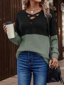 SHEIN LUNE Hai âm Crisscross Thả vai Áo nỉ - Nhiều màu - Xem 3