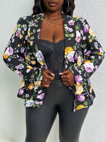 Slaydiva Plus Floral Print Open Front Blazer - Black - View 1
