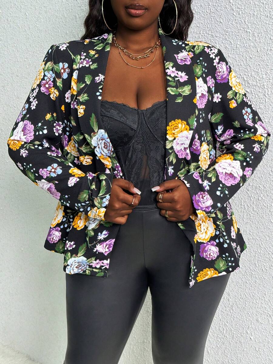 Slaydiva Plus Floral Print Open Front Blazer - Black - View 1