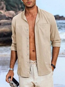 Camisa Casual Para Hombres - Caqui - Ver 3