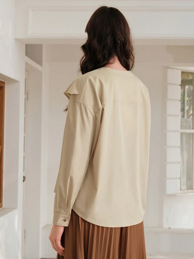 Solid Button Front Ruffle Trim Blouse