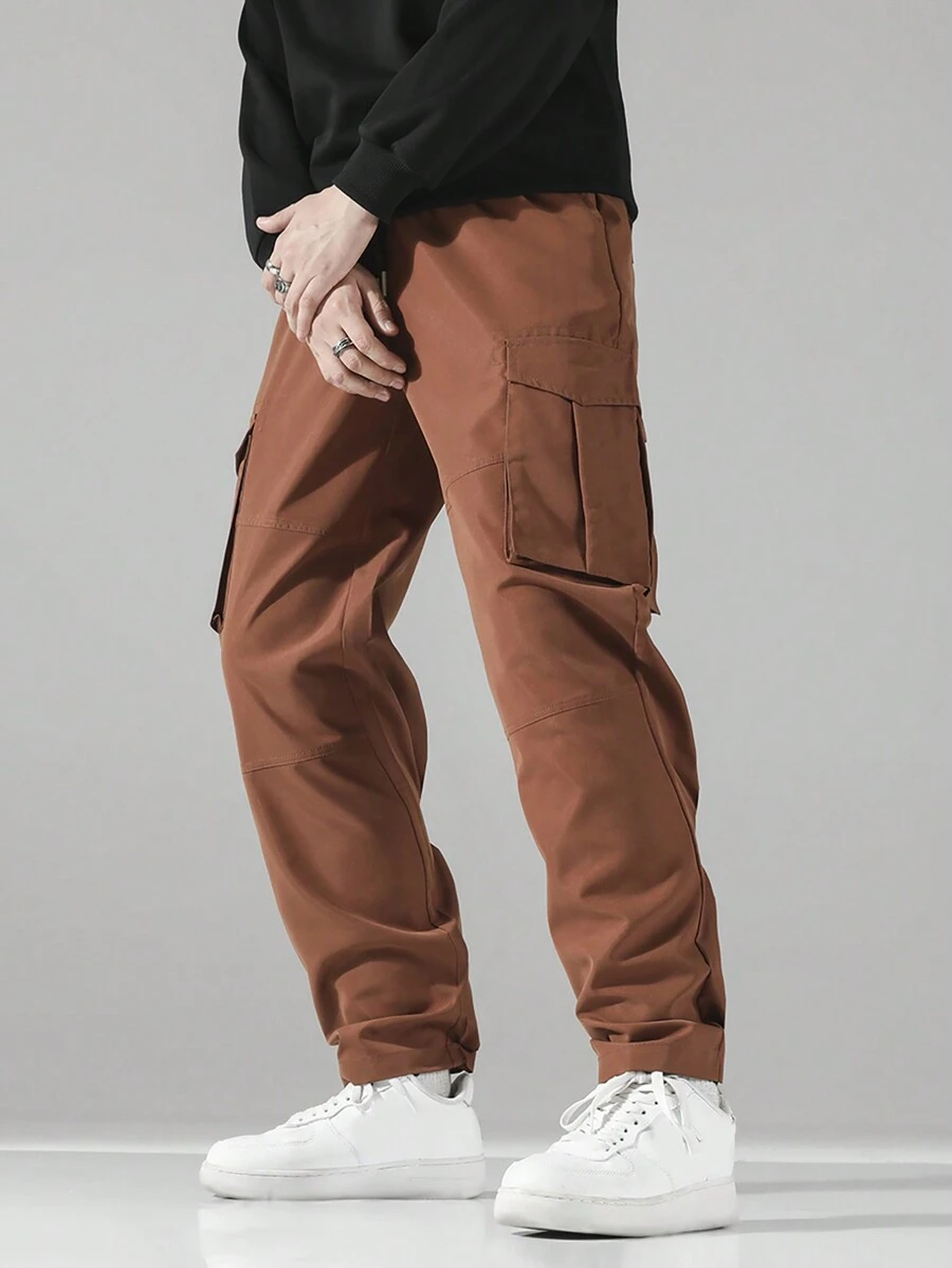 Manfinity Hypemode Men's Plus Size Solid Color Multi-pocket Cargo Pants - Brown - View 1