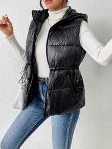 SHEIN Frenchy Women's Drawstring Waist Padded Vest Coat - Black - View 1