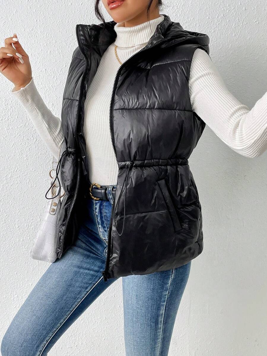 SHEIN Frenchy Women's Drawstring Waist Padded Vest Coat - Black - View 1