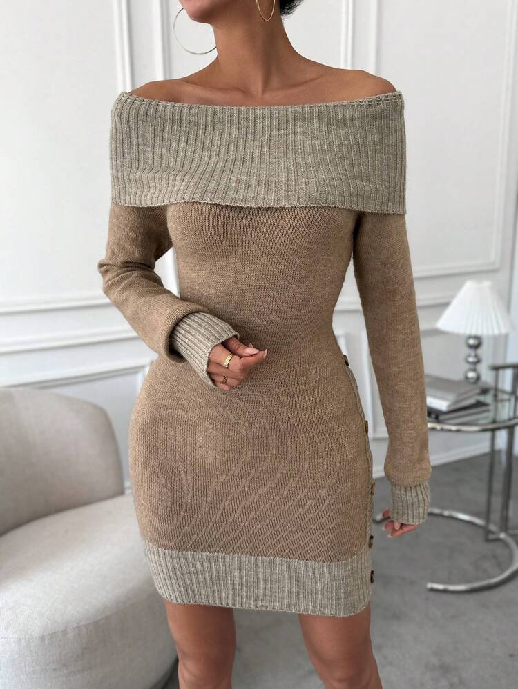 Foldover Off Shoulder Button Detail Sweater Dress Fall Cloth For Women