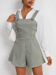 SHEIN Essnce Plaid Print Overall Romper Without Blouse - Green - View 1