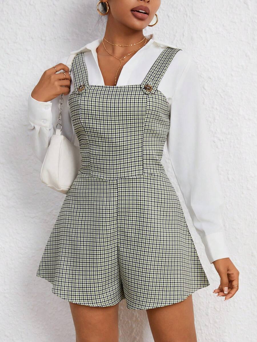 SHEIN Essnce Plaid Print Overall Romper Without Blouse - Green - View 1