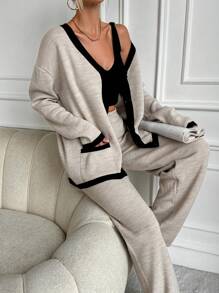 EURMUSE 2 Contrasting Buttoned Sweaters And Solid Color Sweater Pants - Khaki - View 6