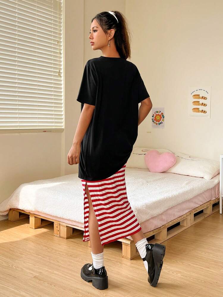 Cutout Tee & Striped Print Split Hem Slip Dress
