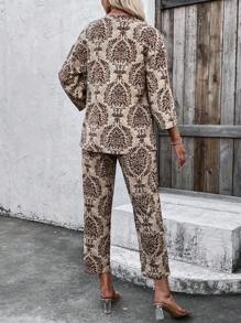 EMERY ROSE Damask Print Open Front Blouse & Pants - Khaki - View 2