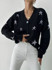 EURMUSE Star Pattern Drop Shoulder Cardigan - Black and White - View 4
