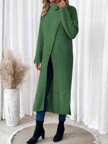 SHEIN Essnce Turtleneck Wrap Hem Drop Shoulder Sweater Knit Pullover Fall Winter Outfit - Army Green - View 4