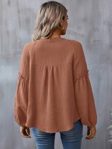 SHEIN LUNE Đường viền cổ có rãnh Tay áo lồng đèn Lá sen tỉa Áo sơ mi - Bụi hồng - Xem 3