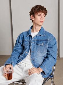 SHEIN Garoto adolescente Bolso Com Aba Jaqueta Denim