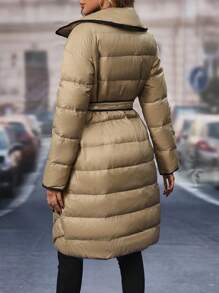 SHEIN Unity Contrast Binding Slant Pockets Belted Down&Feathers Coat - Khaki - View 2
