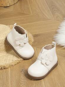 女孩時尚白色英倫風情復古靴子帶可愛花朵裝飾適用於秋天和冬天 - 白色 - 查看 4