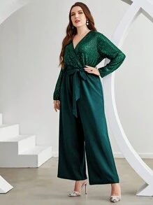 Modelyn 大尺碼女士閃光拼接寬腳連體褲 - 墨綠色 - 查看 3