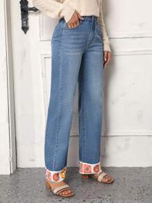 SHEIN LUNE Floral Embroidery Straight Leg Jeans - Blue - View 3