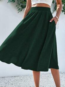 Breezaya Solid Slant Pocket Flare Skirt - Dark Green - View 5