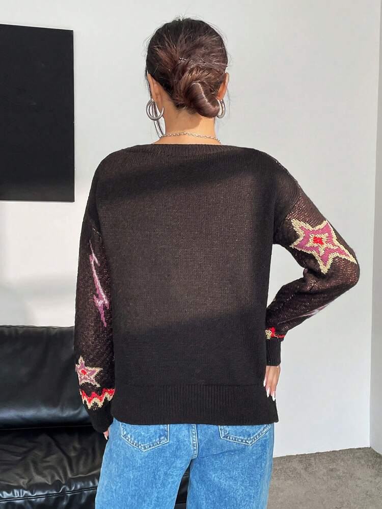 Star & Lightning Pattern Drop Shoulder Knit Pullover Fall Winter Sweater