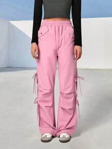 SHEIN Unity 彈性腰帶斜口袋側繫帶降落傘褲 - 粉色 - 查看 3