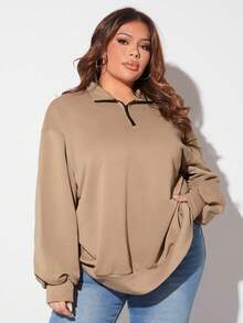 SHEIN SXY 大碼半拉鏈落肩袖運動衫 - 駝色 - 查看 6