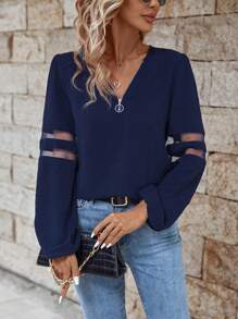 SHEIN LUNE 網紗拼接燈籠袖襯衫 - 藍色 - 查看 4