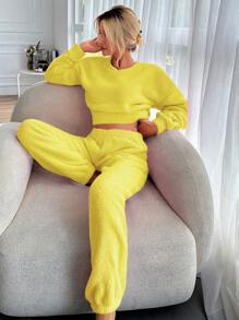 SHEIN Cottnline Drop Shoulder Plush Hoodie And Pants Set - Yellow - View 4