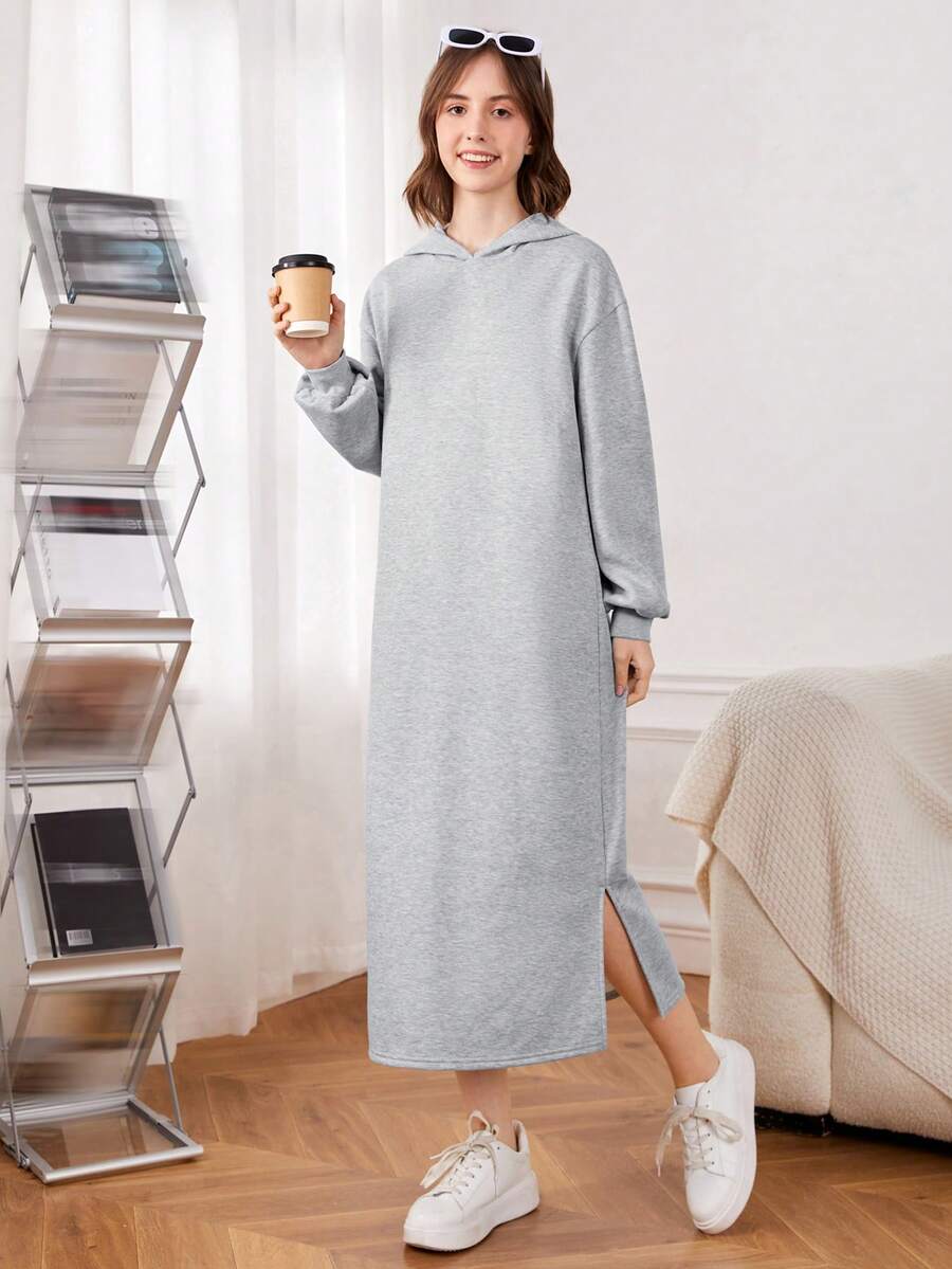 SHEIN 青少年女孩落肩袖下擺開叉連帽洋裝 - 灰色 - 查看 1