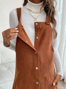 SHEIN Thai sản Mặt trước Nút Đầm Với Đường chéo Thiết kế túi ( Áo sơ mi ) - màu nâu - Xem 3