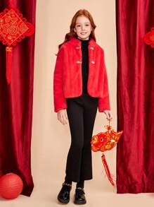SHEIN Girls' Woven Plain Color Stand Collar Plush Jacket With Elegant Style - Red - View 5