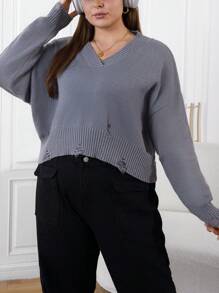 SHEIN EZwear Hơn Thả vai Rách Áo len - Màu xanh lam - Xem 5