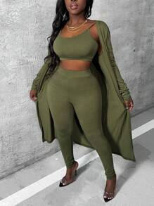 SHEIN Slayr 女士纯色吊带背心、打底裤和外套三件套 - 軍綠色 - 查看 1