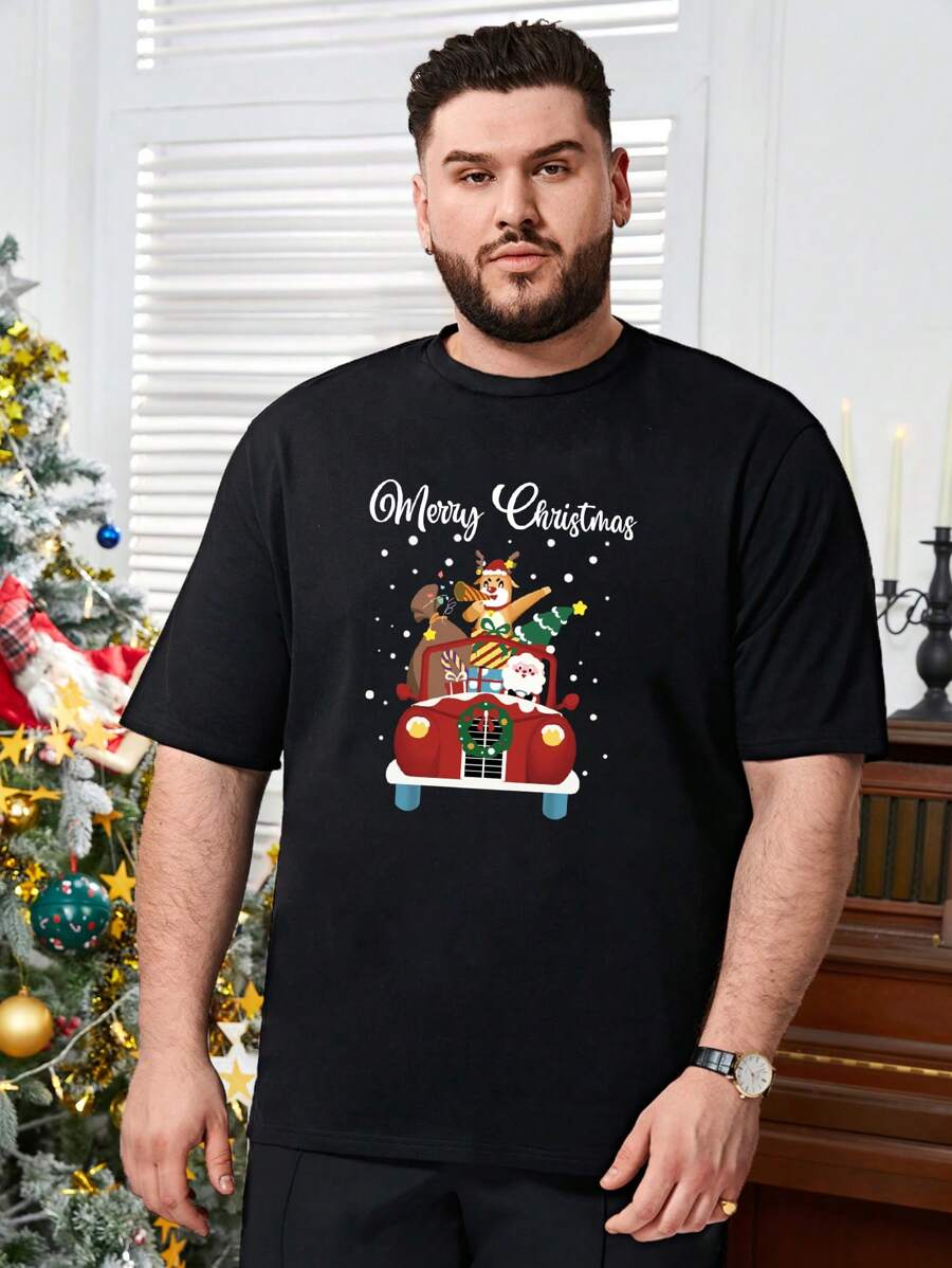 EASEVO Men Plus Christmas Print Tee - Black - View 1