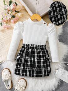 SHEIN 幼兒女孩時尚休閒裝長袖白色泡泡袖上衣黑色格紋裙搭配帽子 - 彩色 - 查看 1