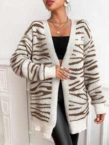 SHEIN LUNE Áo khoác cardigan trễ vai họa tiết sọc ngựa vằn không có thắt lưng - Nhiều màu - Xem 5