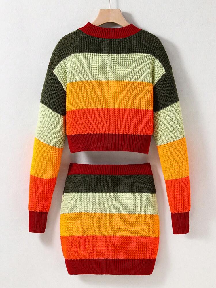 Teen Girl Color Block Drop Shoulder Sweater & Knit Skirt